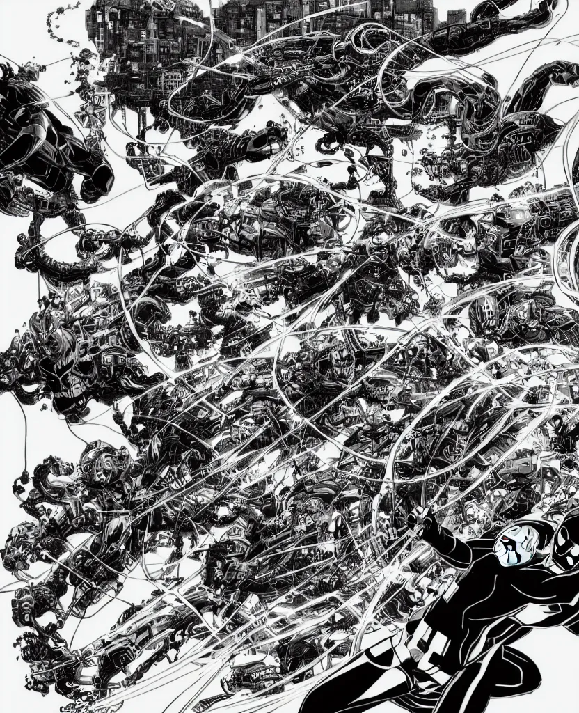 Prompt: black and white avengers fights with marvel monsters with wires, isometric, by tsutomu nihei, background cybernetic planets