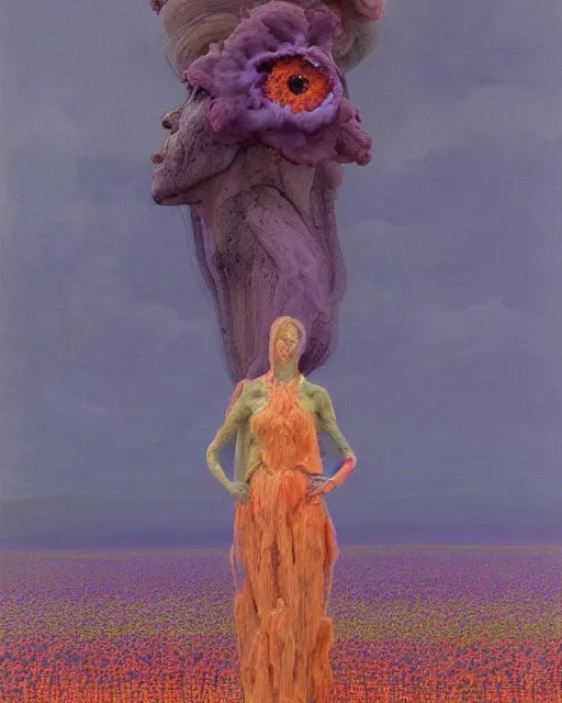 Image similar to A portrait of a woman wearing clothes made out of dying flowers, nuclear explosion in the background, Masterpiece, blue skin, glowing, wires everywhere, by Edgar Maxence and Ross Tran, Zdzisław Beksiński, and Michael Whelan, distant, gustav dore, H.R. Giger, 8k, octane render