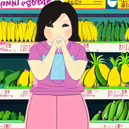 Prompt: cute penial drawing of a slightly chubby 28 year old Korean woman standing in a grocery store next to the bananas