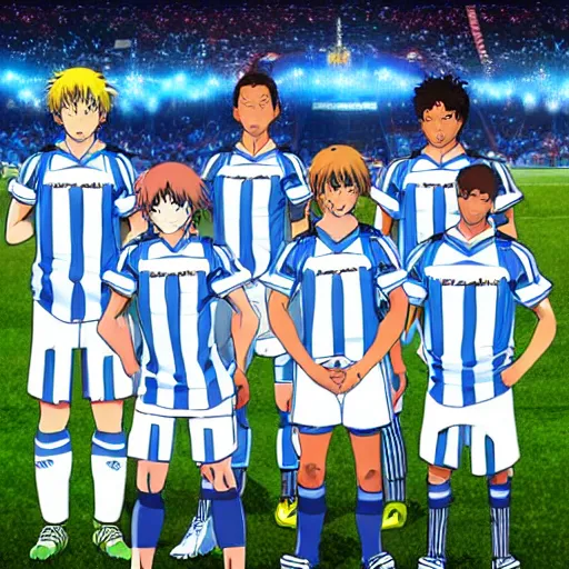 Image similar to olympique de marseille soccer team picture, anime style like fate/stay night