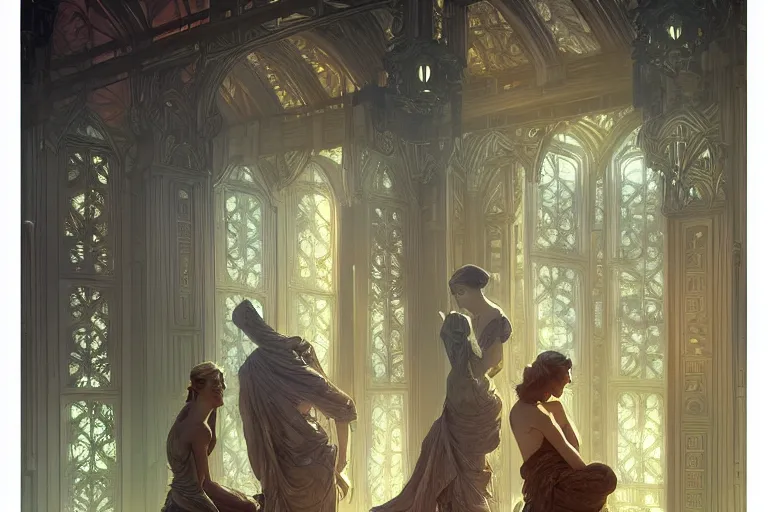 Prompt: backdrop of a high tech religious room with distant waterfalls and art deco statues, intricate digital painting artstation concept art smooth sharp focus illustration, art by artgerm and paul chadeisson and greg rutkowski and alphonse mucha