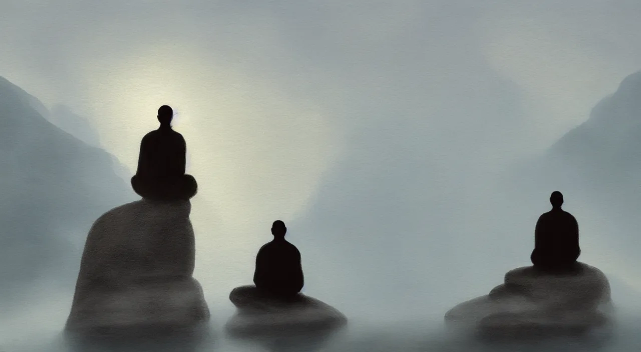 Image similar to anderson debernardi painted style a one silhouette of a meditating monk sitting in the fog on a stone protruding from the water in the rays of the morning sun