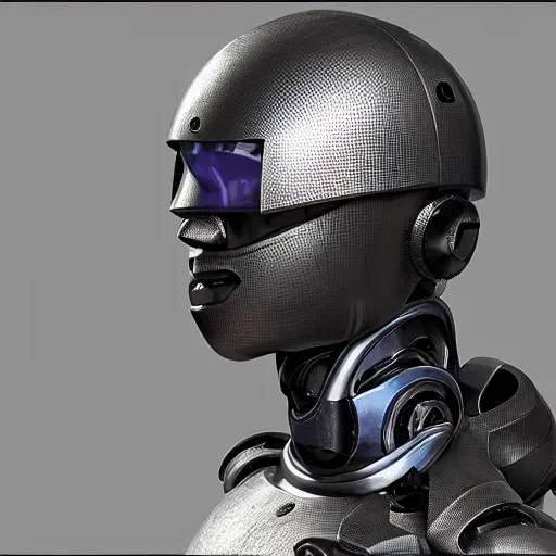 Image similar to an amazing robot-helmet, robotic head-bust portrait, of a sci-fi, human robot hybrid with weaponized systems built into the 3d helmet, cgi, zbrush, blender, octane render
