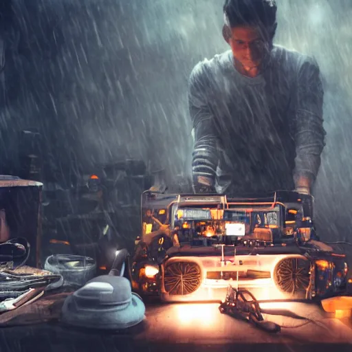 Image similar to augmented human repairing old imac, dark messy smoke - filled cluttered workshop, dark, dramatic lighting, orange tint, cinematic, highly detailed, sci - fi, futuristic, movie still from blade runner