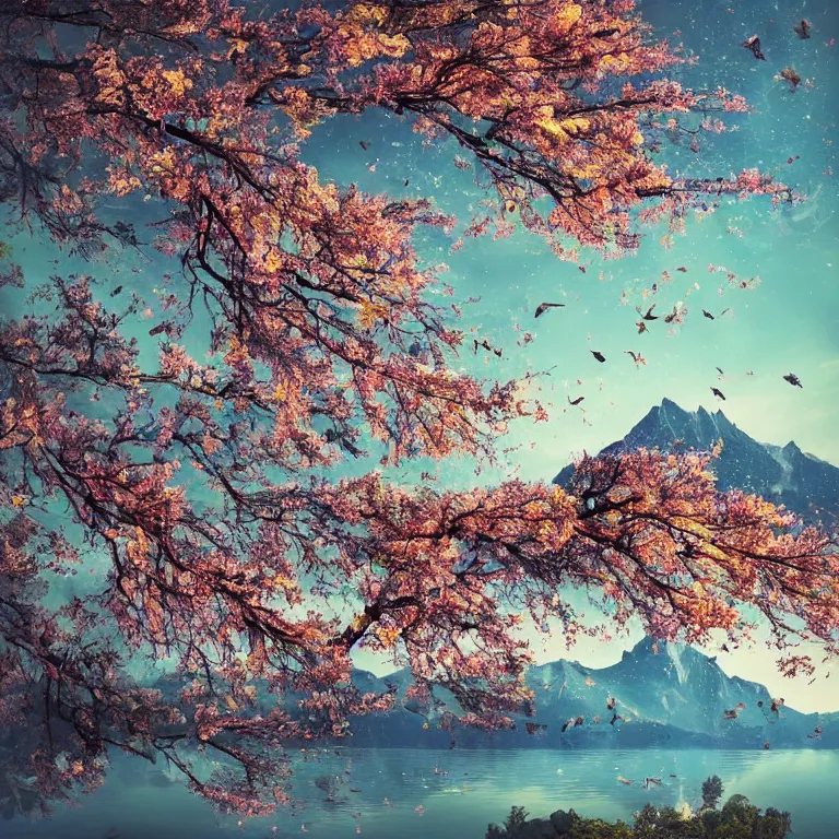 Image similar to a beautiful awesome artistic tree with falling flowers like leaves and many birds, all in the amazing outdoors view, mountain in the background, lake, long exposure, 8 k resolution, trending on artstation