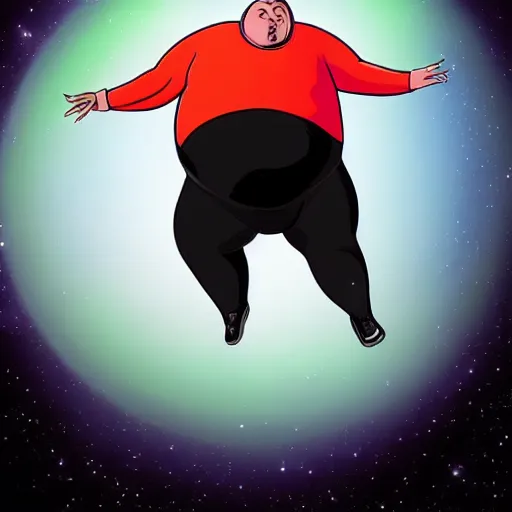 Image similar to some really obese man taking a leap of faith through space, only for his body to rapidly inflate due to lack oxygen