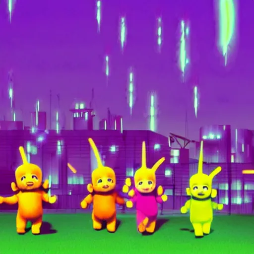 Prompt: The Teletubbies playing industrial music, illustration, artsation, smooth, official