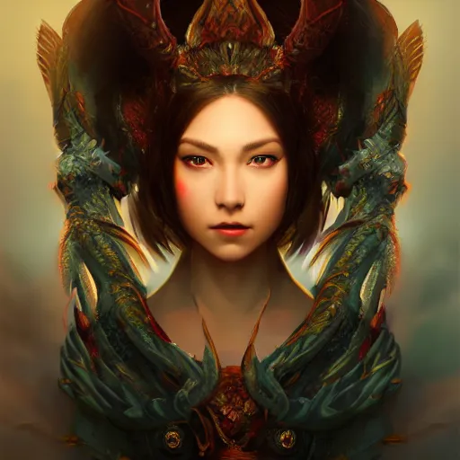 Prompt: a stunning poster style portrait painting of a dragon goddess, in the style of WLOP, 8k masterpiece, cinematic lighting, pristine clean design, fantasy, insanely detailed, atmospheric, octane render