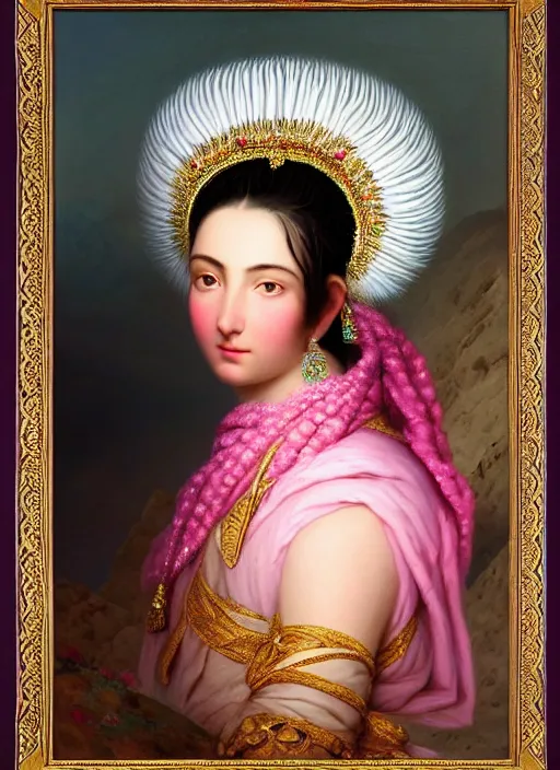 Image similar to stunning afgan godess princess, detailed pink and white protea head peace against a black backdrop by ivan aivazovsky, 3 / 4 view portrait, wlop, super sharp details, photorealism, canon 5 d, 5 0 mm lens, stunning photoshot, beautiful soft lighting, muted colours, artstation