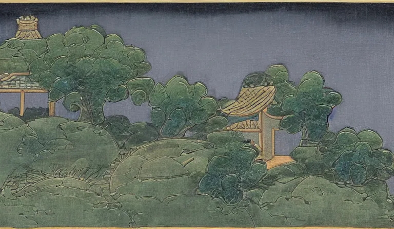 Image similar to A serene landscape with a singular building in the style of WU Hsiu-Ming.