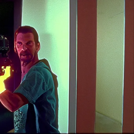 Prompt: a vhs still portrait of aphex twin breaking into the office from a gritty cyberpunk 2 0 0 0 s james cameron movie about spider - man. realism, cinematic lighting, 4 k. 8 mm. grainy. panavision.