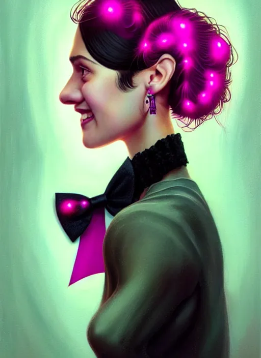 Image similar to portrait of teenage girl, realistic, black hair, bangs, half updo hairstyle, pointy nose, skinny, smile, ugly, defined jawline, big chin, pink hair bow, earrings, intricate, elegant, glowing lights, highly detailed, digital painting, artstation, sharp focus, illustration, art by wlop, mars ravelo and greg rutkowski