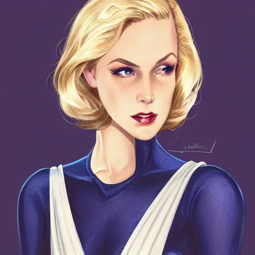 Image similar to a beautiful pin - up portrait of a beautiful cute superhero woman, blonde hair, bob haircut, matte navy - blue bodysuit, white cape, intricate, elegant, 8 k, highly detailed, digital painting, concept art, smooth, sharp focus, illustration, disney, artgerm and loish and wlop and alphonse mucha