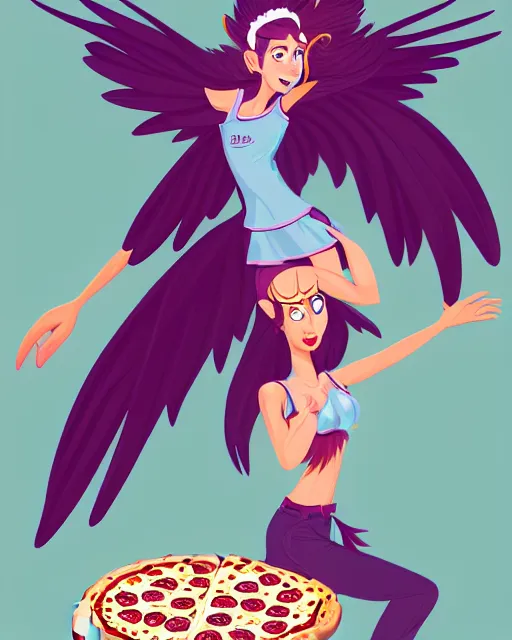 Image similar to female harpy as a pizz box delivery woman, bird human hybrid with feathery bird arms and talon bird feet, flying through the air holding a cardboard pizza box, wearing a pizza delivery uniform. feathers for hair, cute, dynamic character design, stunning, highly detailed digital illustration, crisp linework, top rated on artstation, stylized urban fantasy artwork