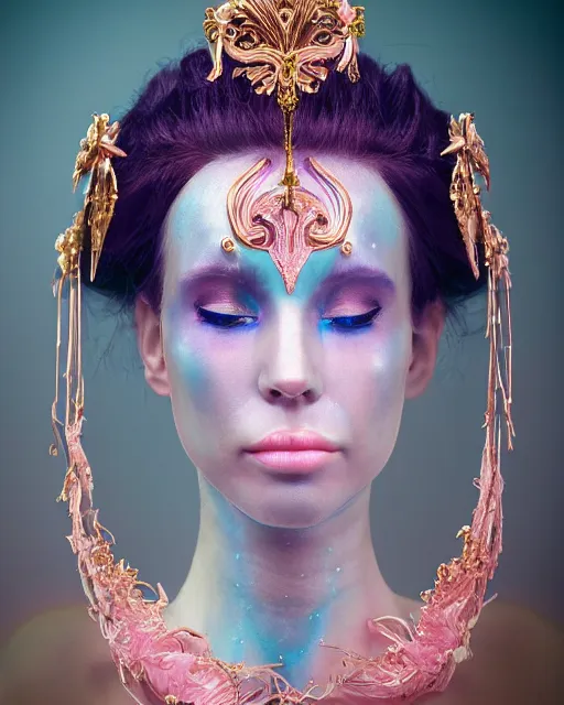 Image similar to natural light, soft focus portrait of an android with soft synthetic pink skin, blue bioluminescent plastics, smooth shiny metal, elaborate ornate head piece, piercings, venetian mask, skin textures, by annie liebovotz,