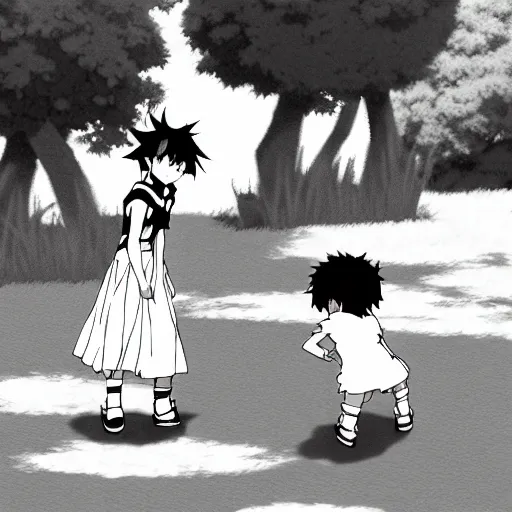 Prompt: black and white toddlers playing. anime style, environmental art animation background, studio ghibli, makoto shinkai