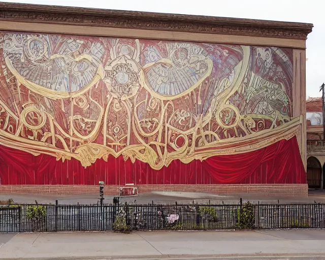 Image similar to photo of an outdoor mural of an opera house from the early 1 9 0 0 s in the style of art nouveau, red curtains, art nouveau design elements, art nouveau ornament, opera house architectural elements, painted on a brick wall, outdoor mural, mucha, masonic symbols, masonic lodge