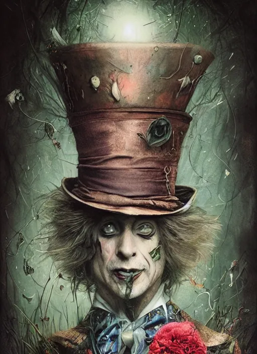 Image similar to mad hatter the magician tarot card, highly detailed, cinematic, 8 k, by stanley artgermm, tom bagshaw, greg rutkowski, carne griffiths, ayami kojima, beksinski, giger, trending on deviantart, hyper detailed, horror, full of colour