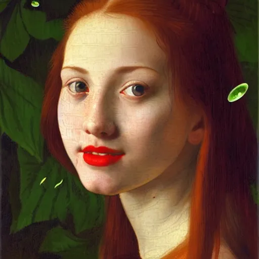 Image similar to portrait of a young woman, among the lights of golden fireflies and nature, long loose red hair, intricate details, green eyes, hint of freckles, round gentle face, happy cheeky smile with red lips, deep focus, smooth, sharp, golden ratio, hyper realistic art by artemisia lomi gentileschi and caravaggio and artgerm