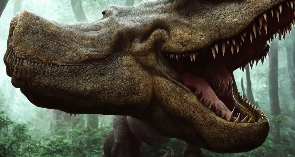 Image similar to closeup portrait of a colossal t-rex in a jungle environment, dramatic lighting, cinematic, octane render, cgsociety, artstation, 4k