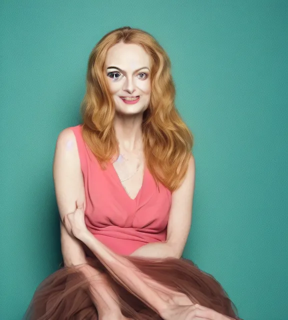 Prompt: beautiful portrait photo of Heather Graham, slight smile, 85mm, teal studio backdrop, Getty images