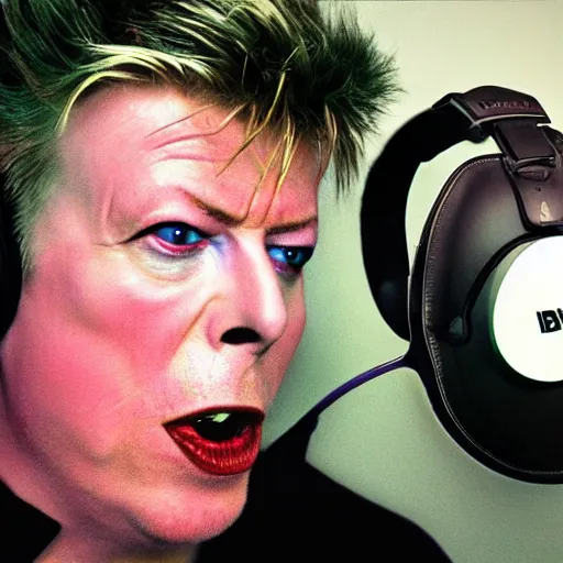 Image similar to obese David Bowie wearing a headset yelling at his monitor while playing WoW highly detailed wide angle lens 10:9 aspect ration award winning photography by David Lynch esoteric erasure head