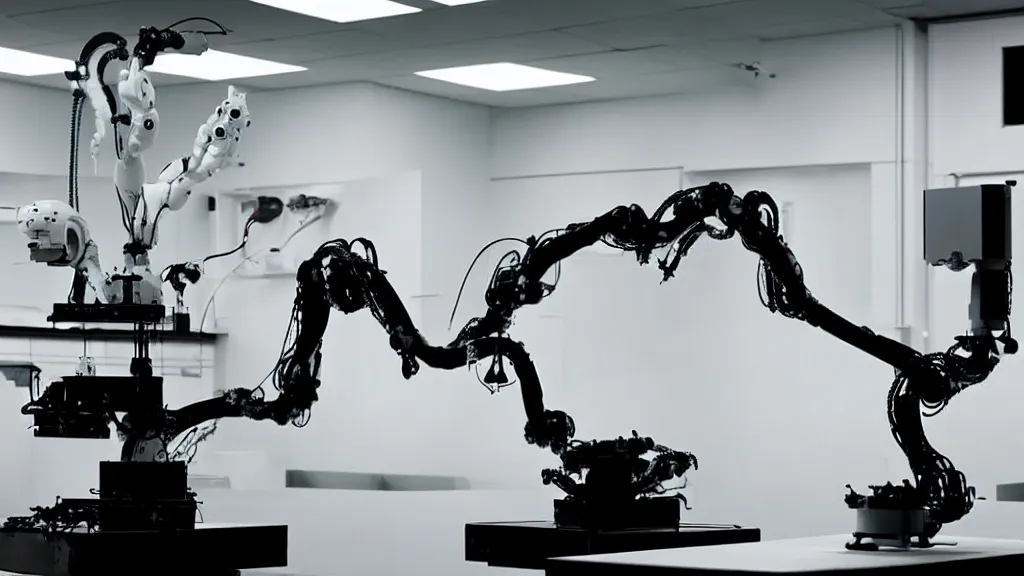 Image similar to a complex bifurcated robotic cnc surgical arm hybrid mri 3 d printer machine making black and white ceramic mutant forms in the laboratory inspection room, film still from the movie directed by denis villeneuve with art direction by salvador dali, wide lens