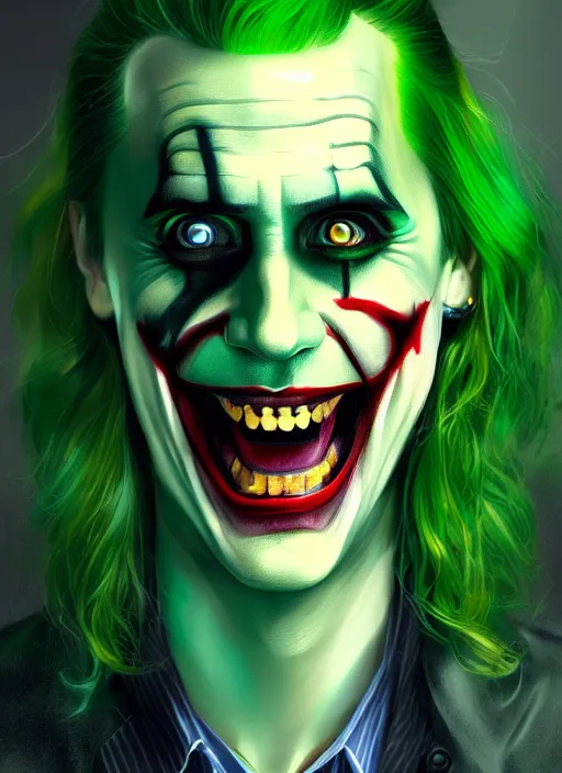 Image similar to portrait of jared leto as the joker, green hair, intricate, elegant, glowing lights, highly detailed, digital painting, artstation, concept art, sharp focus, illustration, art by wlop, mars ravelo and greg rutkowski