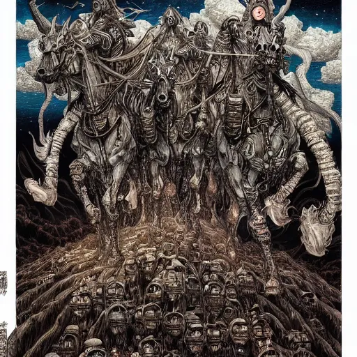 Prompt: horsemen of the apocalypse painted in jacek yerka aykut aydogdu and leslie zhang style drawn by vania zouravliov and takato yamamoto, inspired by cyberpunk, intricate acrylic gouache painting, high detail, sharp high detail, artstation, manga and anime