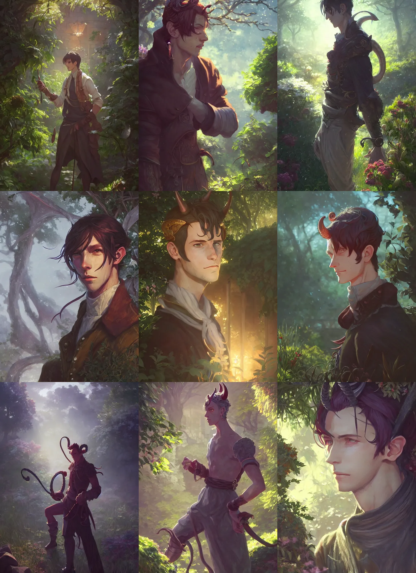 Prompt: a portrait of a male tiefling in the garden, intricate, tone mapped, ambient lighting, highly detailed, digital painting, artstation, concept art, sharp focus, by makoto shinkai and akihiko yoshida and hidari and wlop