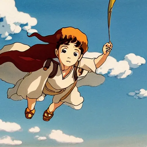 Prompt: A girl flying with a bird-shaped white glider over the clowds, Nausicaa of the Valley of the Wind, Miyazaki Hayao, ghibli style