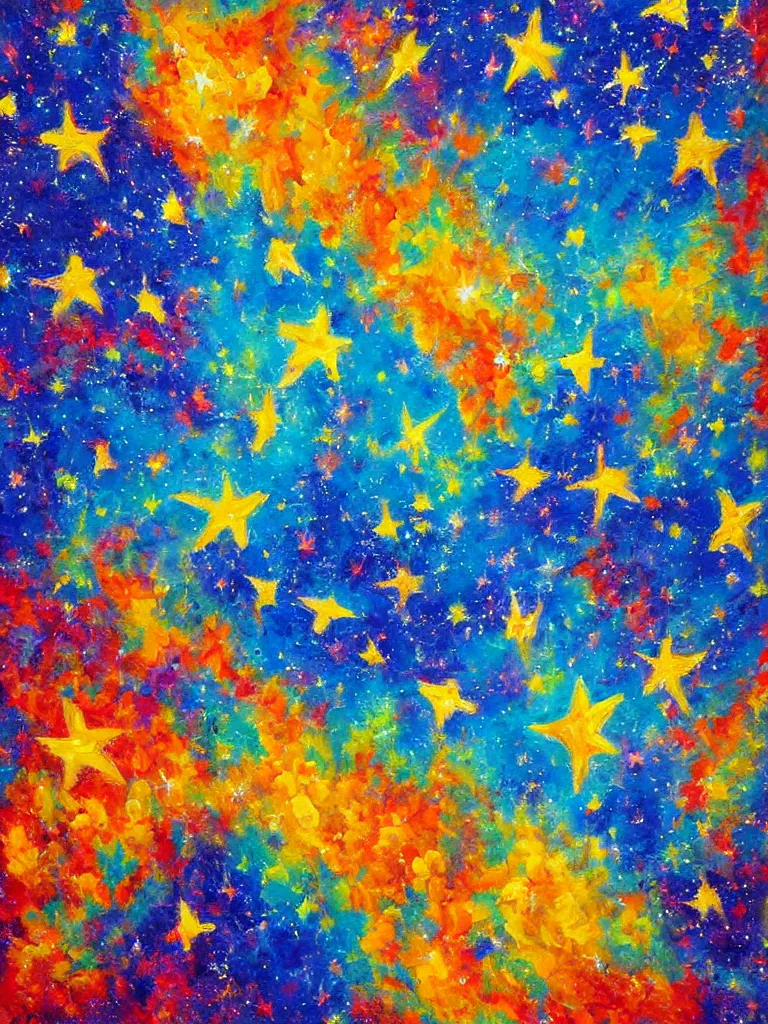 Image similar to an impasto oil painting of the universe expanting infinite with bright colors and shooting stars