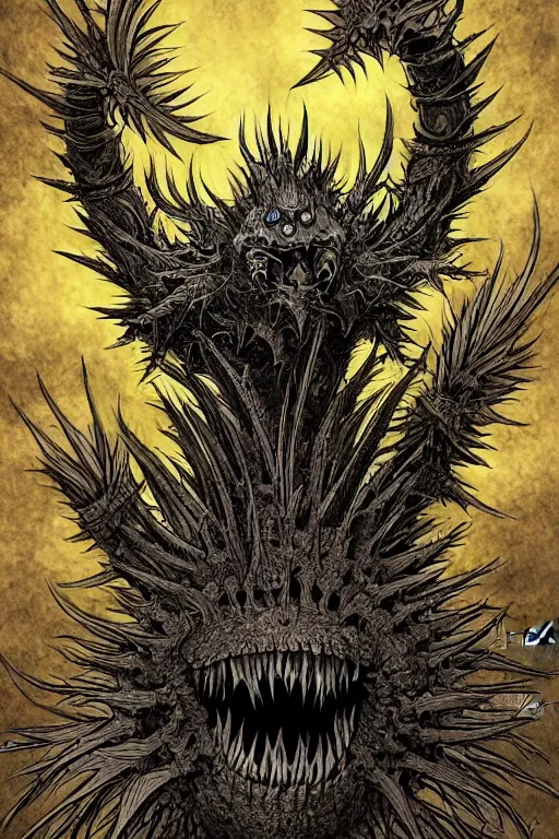 Image similar to thistle monster heavily armoured, symmetrical, highly detailed, digital art, needles, thorns, sharp focus, trending on art station, kentaro miura manga art style