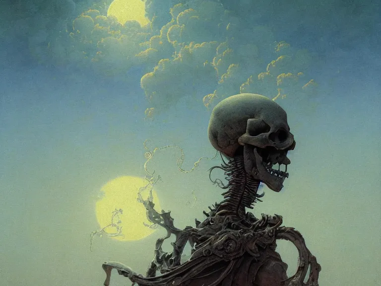 Image similar to a detailed profile illustration of skelleton, bounty hunter portrait symmetrica, aurora lighting clouds and stars by beksinski carl spitzweg and tuomas korpi. baroque elements. baroque element. intricate artwork by moebius. Trending on artstation. 8k