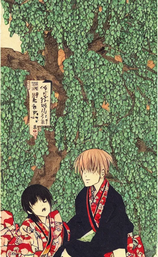 Image similar to by akio watanabe, manga art, girl next to male writer, willow tree and hill, trading card front, kimono, realistic anatomy, sun in the background