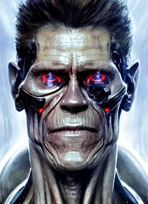 Image similar to willem dafoe as victor stone, full concept, cyborg, borg, strogg, face of a man, terminator, flesh, quake strogg, doom demon, wolfenstein, monstrous, powerful, symmetry, symmetrical, concept art by ruan jia and greg rutkowski