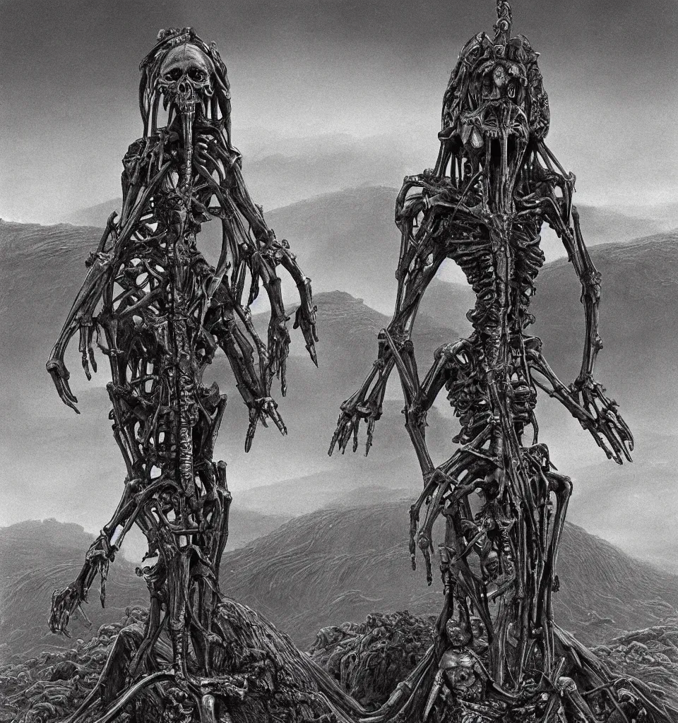 Image similar to concept art of a iron maiden device with skeletal features in dense fog above lava fields, art by HR Giger and Szukalski, inspired by Hedi Xandt, gothic, highly detailed, 3d rendering,