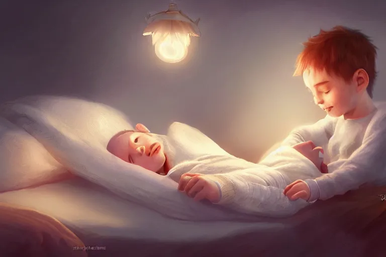 Image similar to a beautiful illustration of a little cute boy in his bed dreaming about a beautiful, fantasy, intricate, epic lighting, cinematic composition, hyper realistic, 8 k resolution, unreal engine 5, by artgerm, artstation