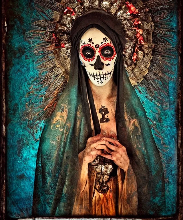 Image similar to tintype virgin mary in dia de muertos dress and make up, horrific beautiful vibe, evocative, atmospheric lighting, painted, intricate, highly detailed,