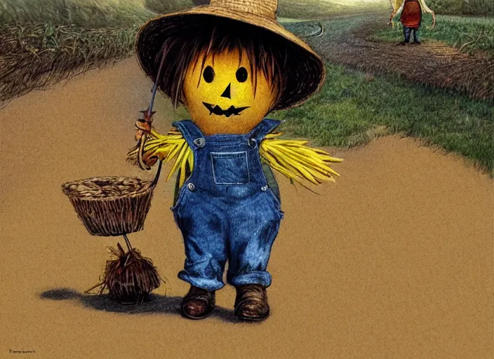 Prompt: a cute short scarecrow with a straw hat in overalls walking on a dirt road next to a large corn field, children's book by tom lovell, ross tran, terry redlin, jean baptiste monge, beatrix potter