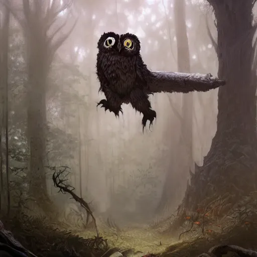 Prompt: owlbear in the forest, d & d, fantasy, greg rutkowski, frank frazetta, alexandre chaudret, boris vallejo, michael whelan, miro petrov, hr giger, magali villeneuve, donato giancola