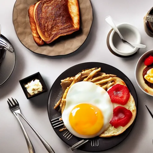 Image similar to American breakfast made of metal, breakfast food, dining table, metallic, food made of metal