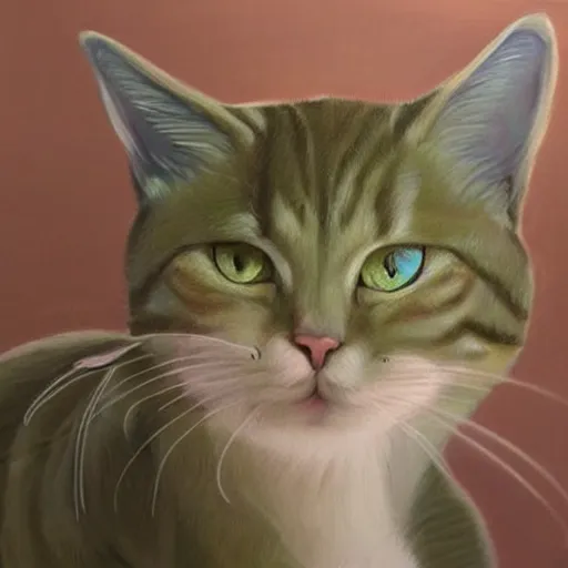 Prompt: realist detailed painting concept art of a beige cat with big green eyes, long floppy ears, and long tail