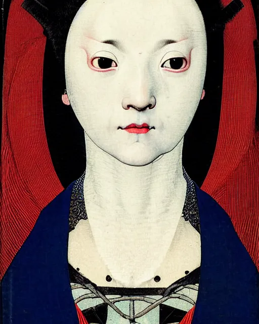 Prompt: symmetrical close - up portrait of a woman face with blue frizzy hair, wearing a embroidered black mask by alexander mcqueen, bjork aesthetic, masterpiece, in the style of rogier van der weyden and jacopo da pontormo, cyberpunk, ukiyo - e