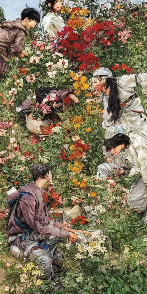 Image similar to oil painting scene from blooming gardeners by kim jung gi