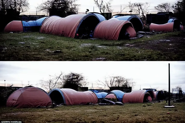 Image similar to post apocalyptic over grown leisure centre being used as shelter, night!!!! dusk, evening, dark, barrel fires and tents, low light