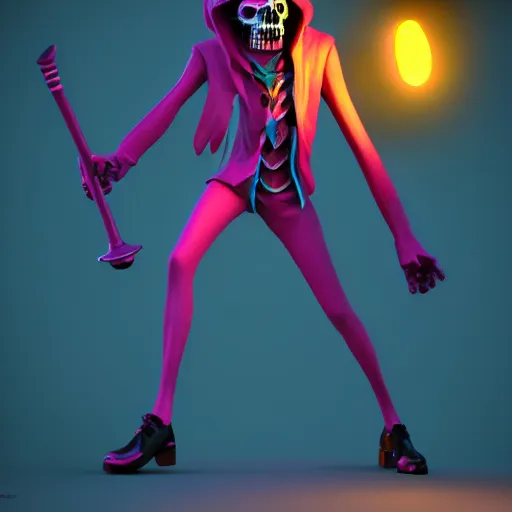 Prompt: candypunk grim reaper, character design, high quality digital art, render, octane, redshift, volumetric lighting, oled