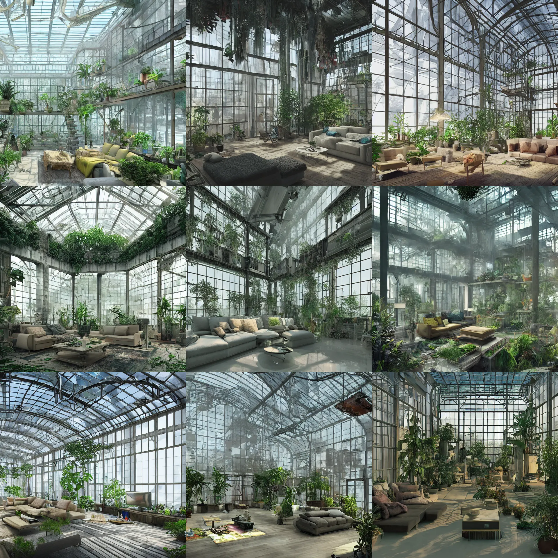 Prompt: residential living room inside enormous greenhouse, cyberpunk architecture, interior view digital detailed matte painting