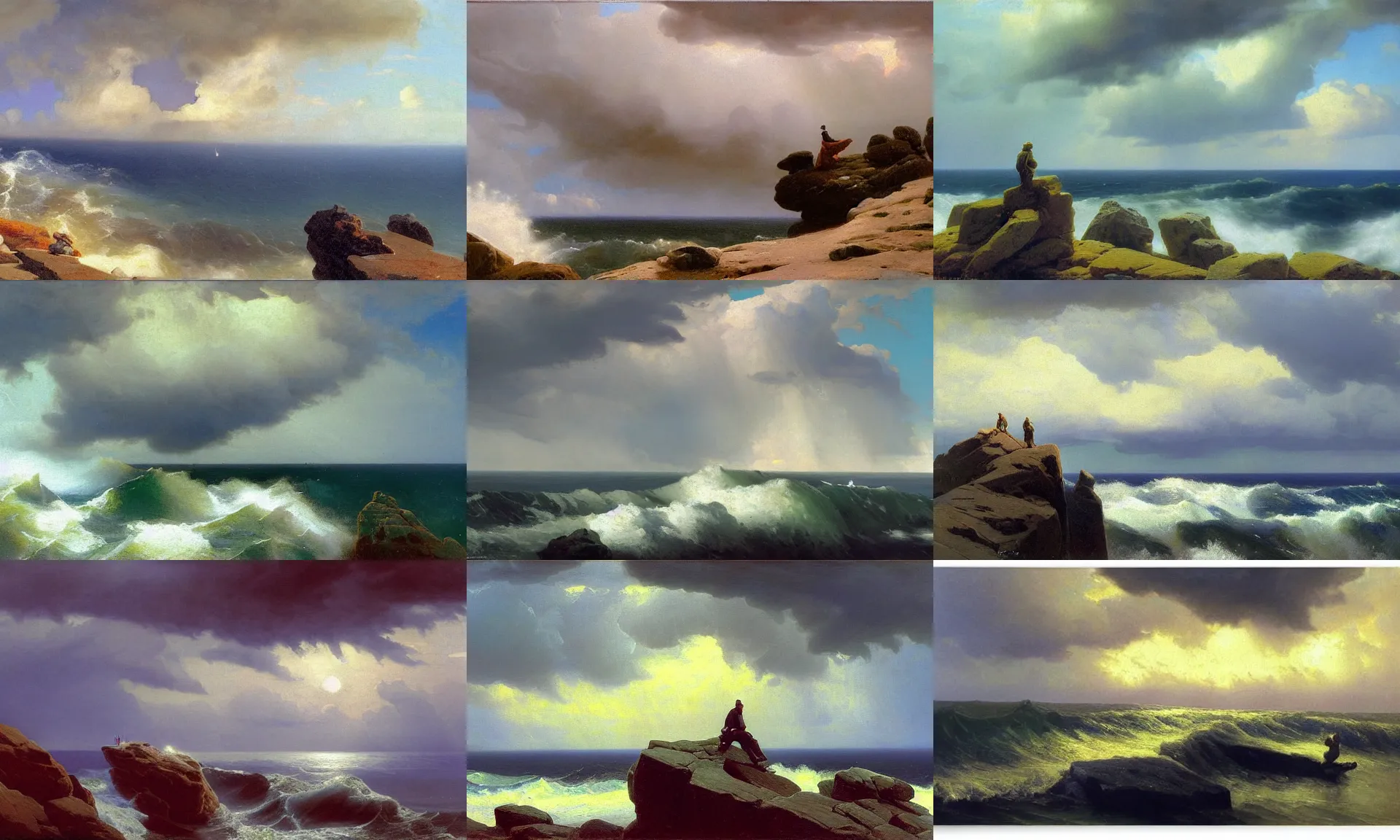 Prompt: stormy sky, cumulonimbus, man figure sttanding on the stones, realism, view from above on seascape, artwork by christopher blossom and frederick judd waugh and Russ Kramer and ivan aivazovsky and isaac levitan