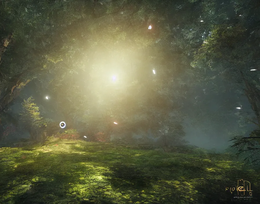 Image similar to flying geometric shiney circle in forest, 3 d graphics, fantasy artwork, very beautiful scenery, hd, hdr, ue 5, ue 6, unreal engine 5, cinematic 4 k wallpaper, 8 k, ultra detailed, by popular digital, details, beautiful image ever created, high resolution, artstation, award winning